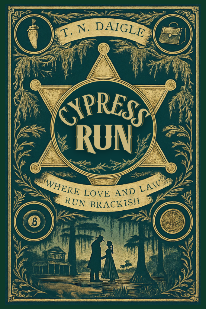 Cypress Run book cover, featuring a gold sheriff star on a dark green background with the tagline Where Love and Law Run Brackish